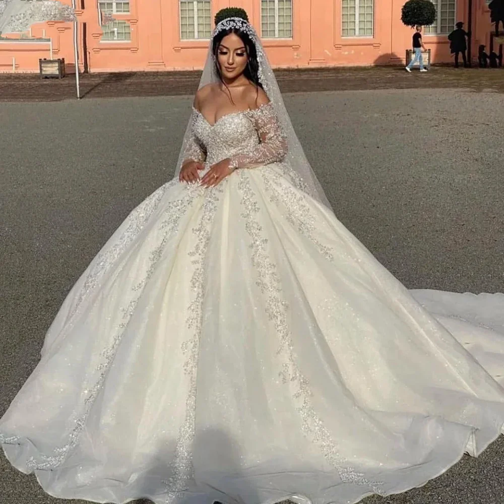 Off The Shoulder Bridal Dress Sparkly Sequins Beads 2024 Wedding Gown Luxury Ball Gown Long Bride Robe Vestido De Novia