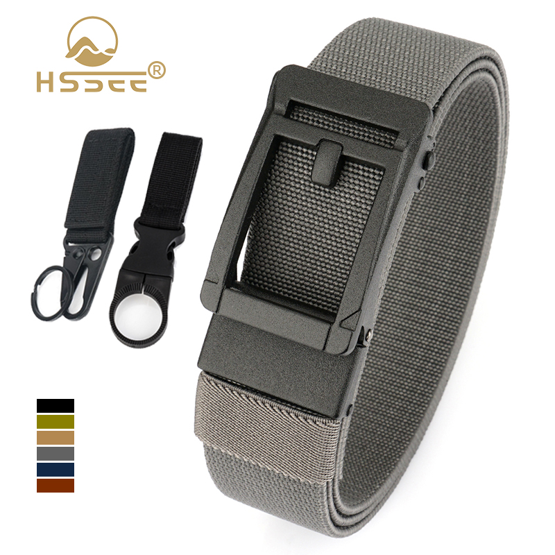 HSSEE Stretch Casual Belt for Men Tight Nylon 3.4cm Outdoor Work Belt Metal Automatic Buckle Elastic Belt Male Waistband Gift