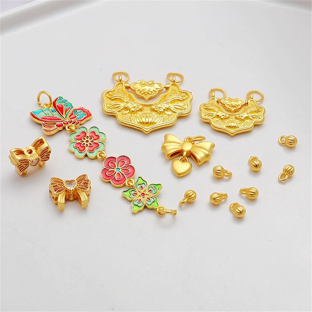 18k Gold Color Matte Gold Ruyi Lock Double Pendant Zircon Butterfly Oil String Necklace Pendant Diy Jewelry Charm Accessories