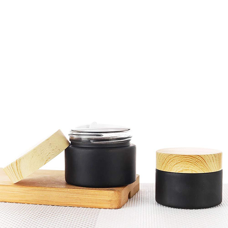 Container bamboo cosmetic packaging face cream black glass jars Cream Face Eye Body Butter Glass Cream Jars With Bamboo Lid