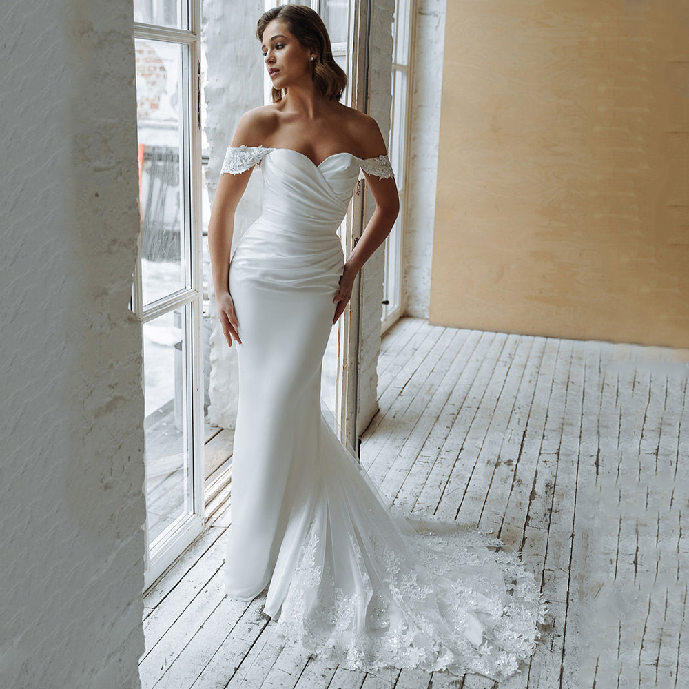 Charming Wedding Dress Customized Off The Shoulder  Lade Court Train Bridal Gowns Women Elegant Pleats Sweetheart Bridal  Dress