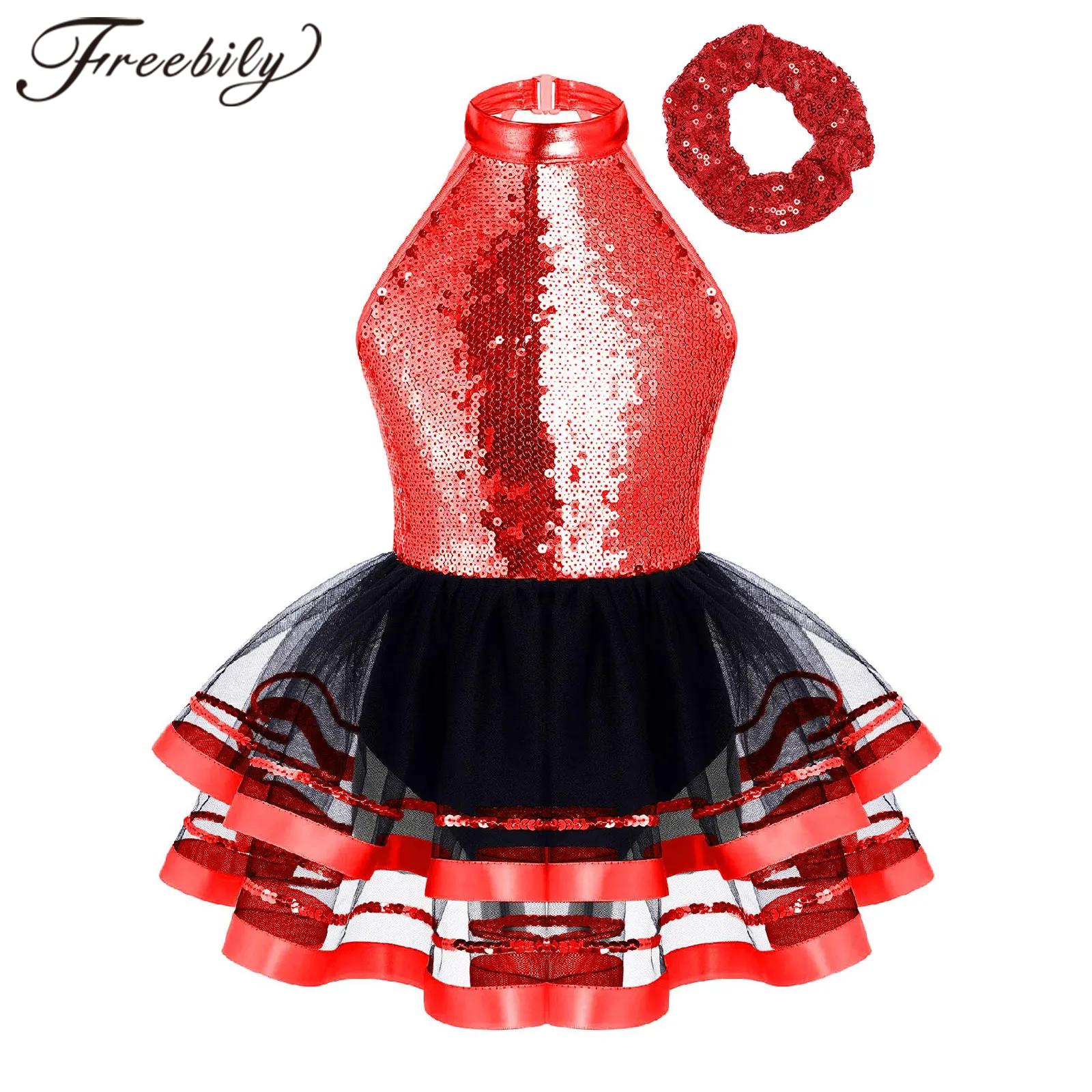 Kids Girls Glitter Sequins Halter Ballet Dance Tutu Dress Gymnastics Leotard Dancewear Children Latin Jazz Dancing Costume