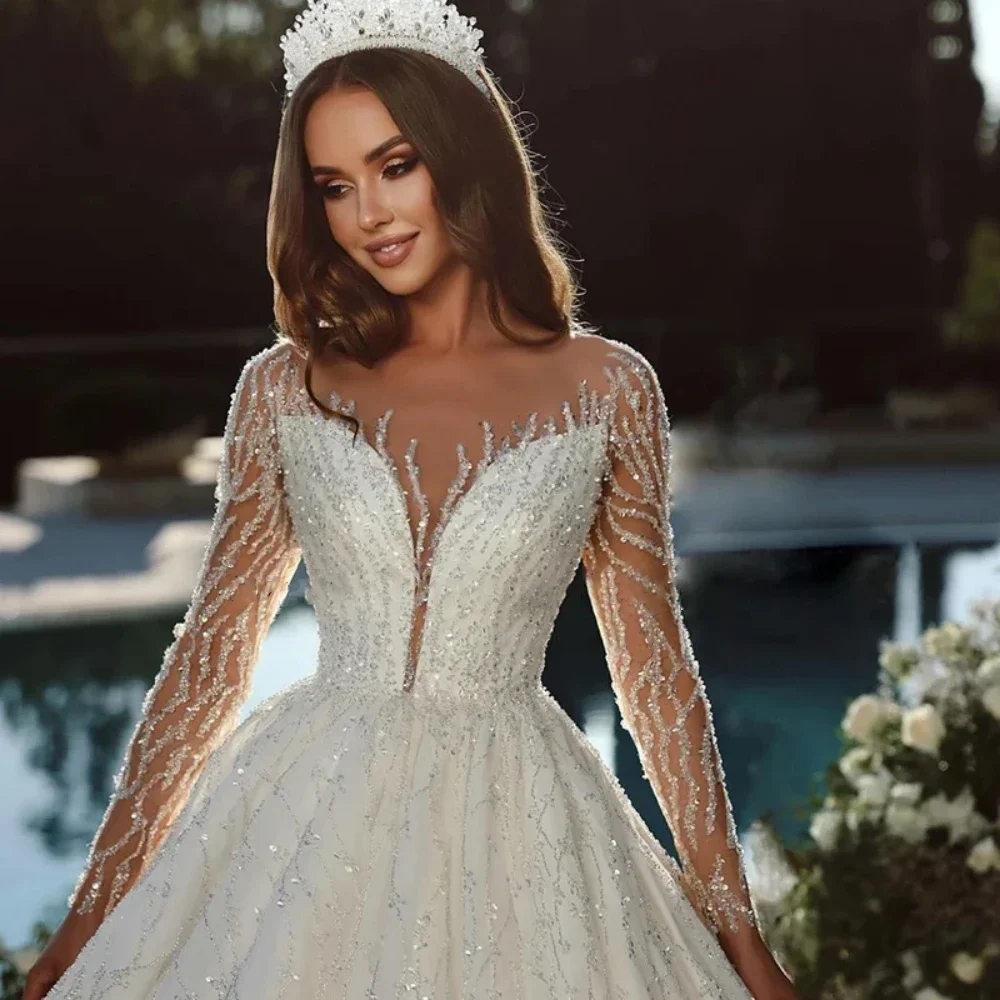 2025 Luxury Arabic Dubai Wedding Dress Sheer Neck Bead Lace Sequins Long Sleeves Bridal Bride Formal Gowns Vestidos De Noiva