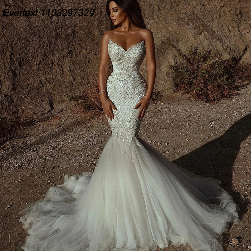 EVLAST Customized Mermaid Wedding Dress 2025 Strapless Crystals Beaded Vestido De Novia Vintage Bridal Gown Robe De Mariee TMD12