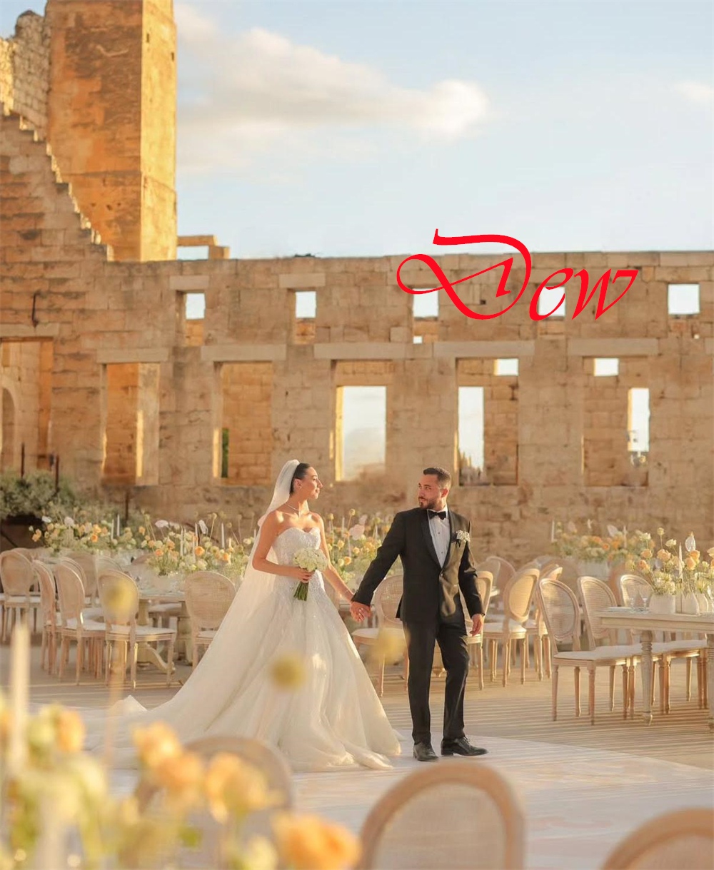 Customized High Quality White Organza Bridal Gowns Simple Strapless Crystal Wedding Dress Chapel Train Open Back Dresses