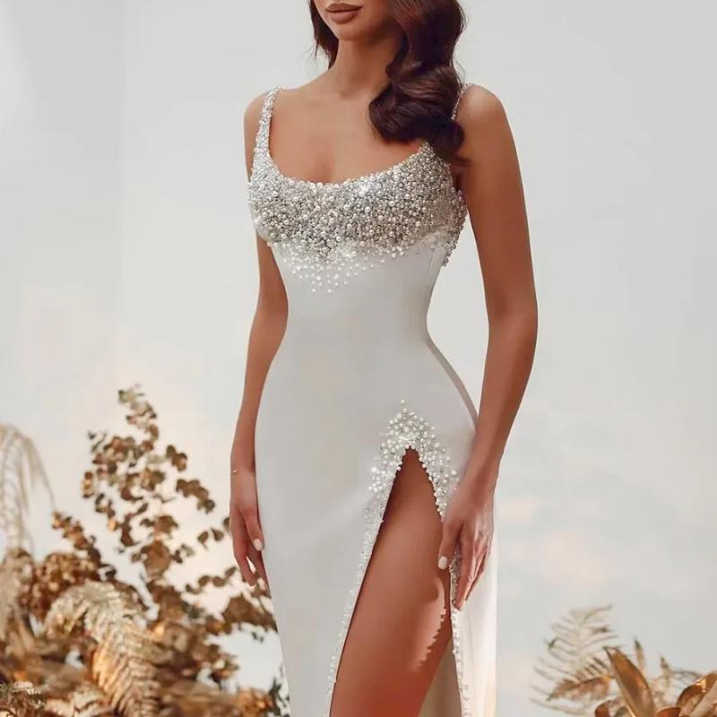 Customized Ivory Pearls Mermaid Wedding Dress silk High Side Split Satin Bridal Gown pearl Straps Removable Train round neck