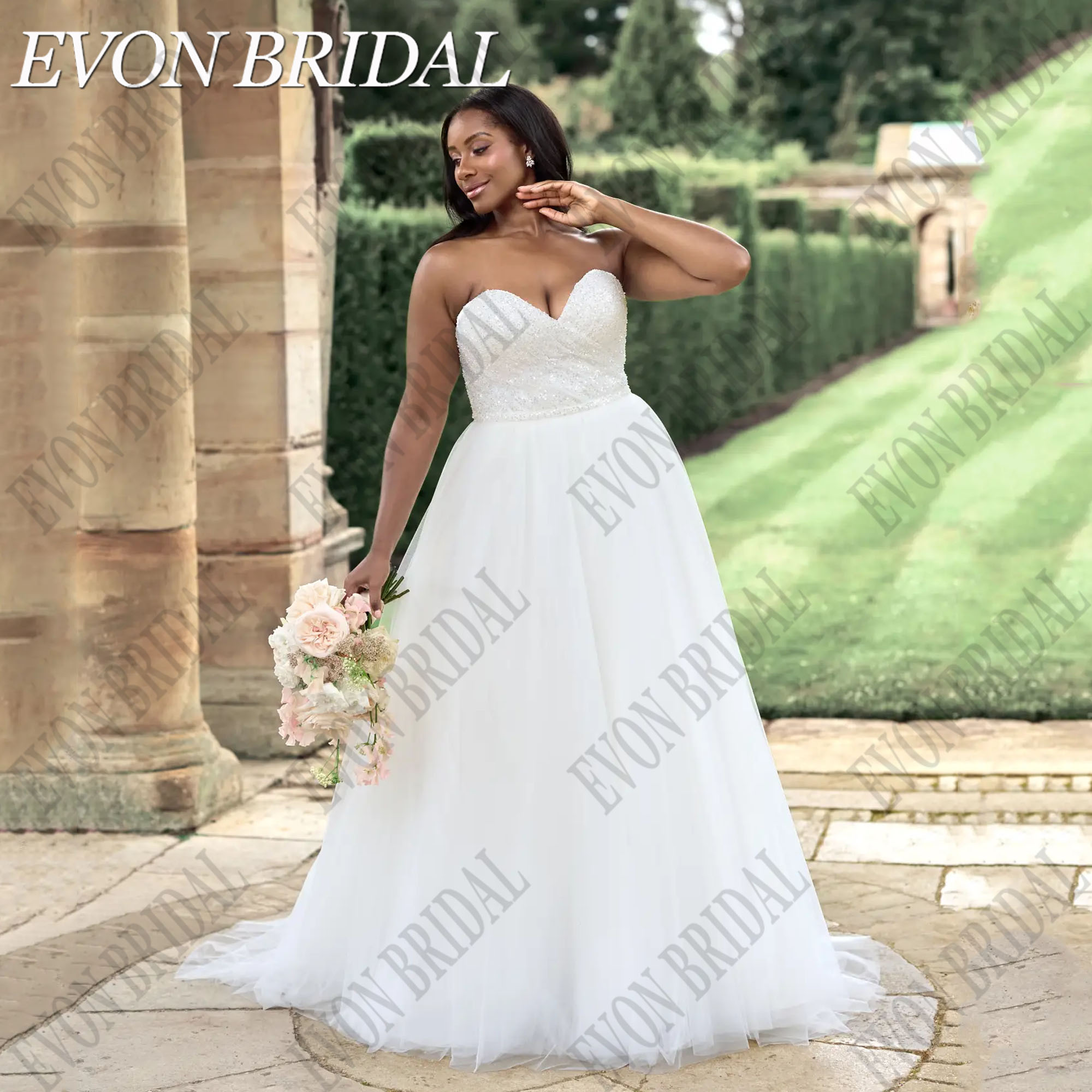 EVON BRIDAL Customized Plus Size Wedding Dress 2025 Bride Luxury Sequin Strapless Bridal Party Gowns Backless Wedding Dresses