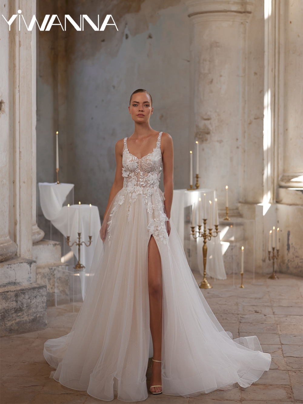 Stunning Elegant Beaded 3D Flower Wedding Dress Sexy High Slit Backless Bridal Gown Customized Glitter A-line Dresses For Bride