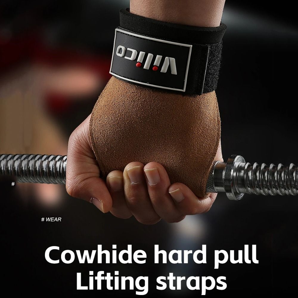 1 Pair Raised Anti-slip Cowhide Gym Gloves Adjustable Leather Fitness Lifting Straps Wear-resistant Durable