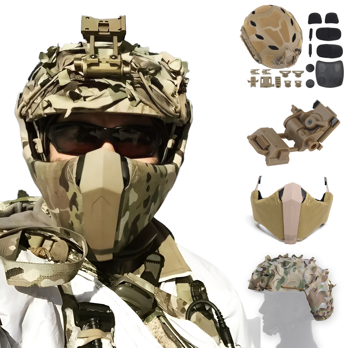 FAST Tactical Airsoft Helmet Set with Protective Mask Camouflage Cloth for CS Shooting Game Escape From Tarkov Cosplay Props