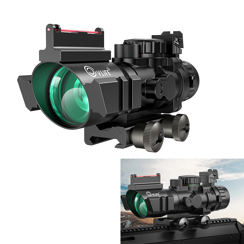 CVLIFE 4x32 Prism Tactical Rifle Scope Red & Green & Blue Illuminated Reticle Sight with Fiber Optic for 20mm Picatinny Rail