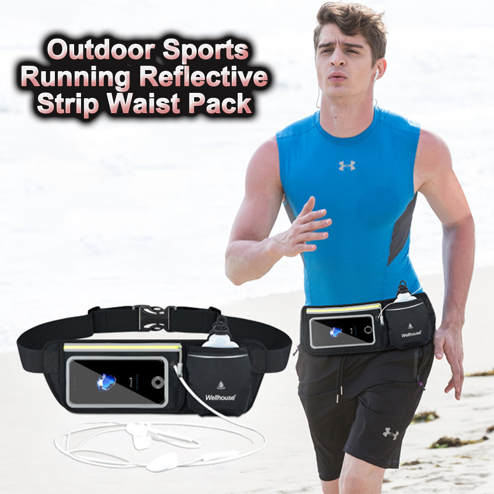 Outdoor Sports Running Reflective Strip Waist Pack Hidden Pouch Gym Bags with Water Bottle Holder for Hiking Cycling Climbing
