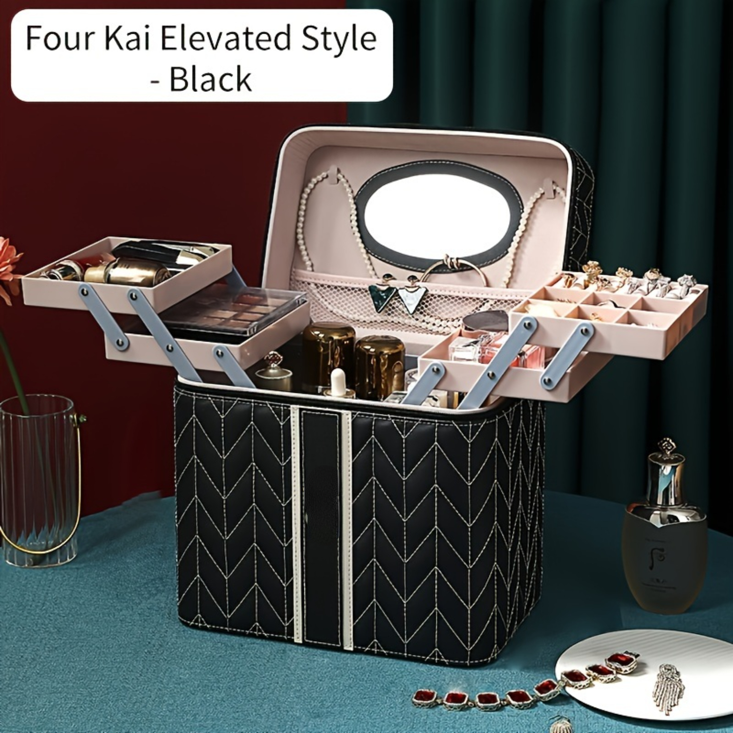 Multi-Tier Cosmetic Box with Mirror in Black, Burgundy & Green