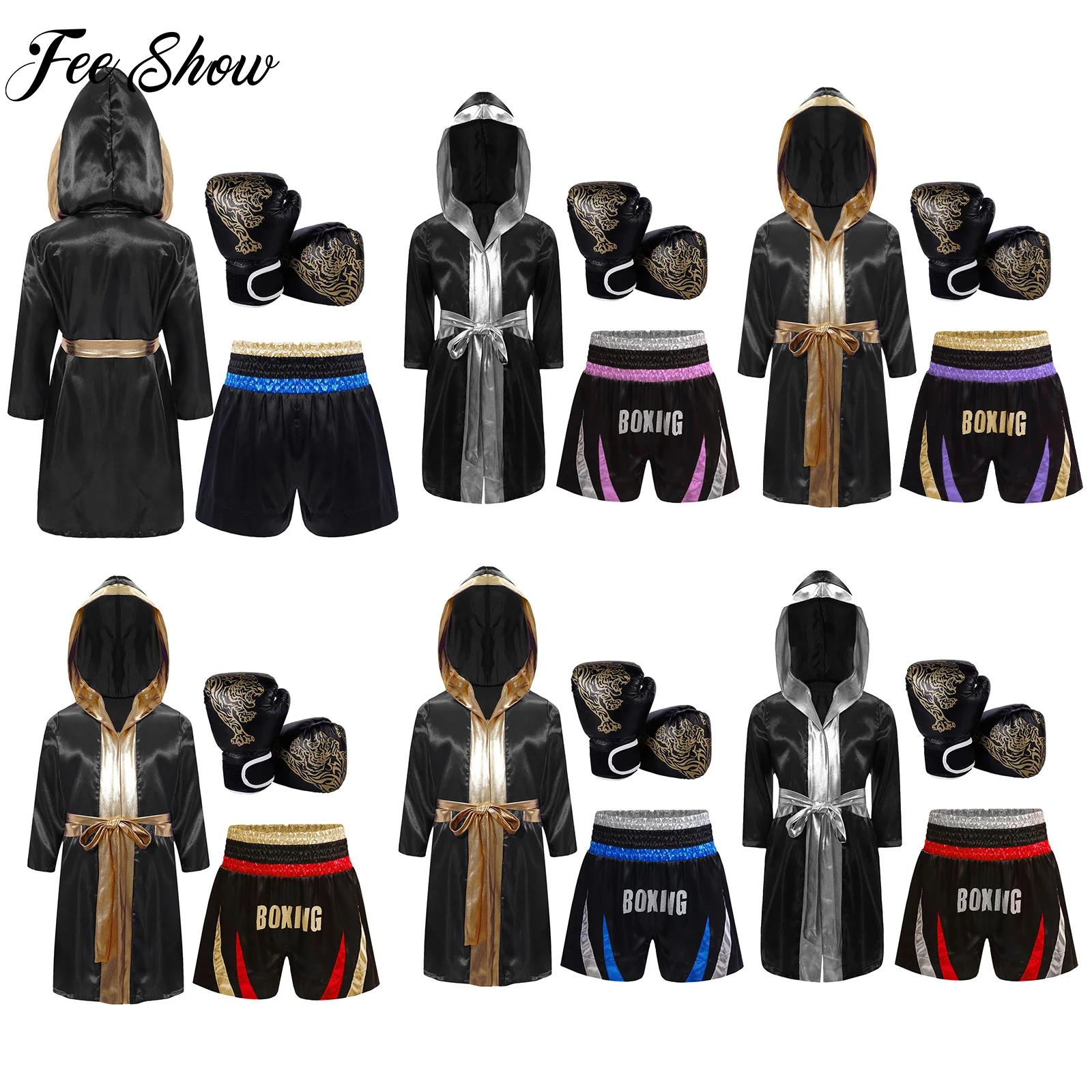 Kids Boys Girls Boxing Robe Training Outfit Long Sleeve Robe Hooded Cloak Shorts Boxer Gloves Set for Halloween Cosplay Party