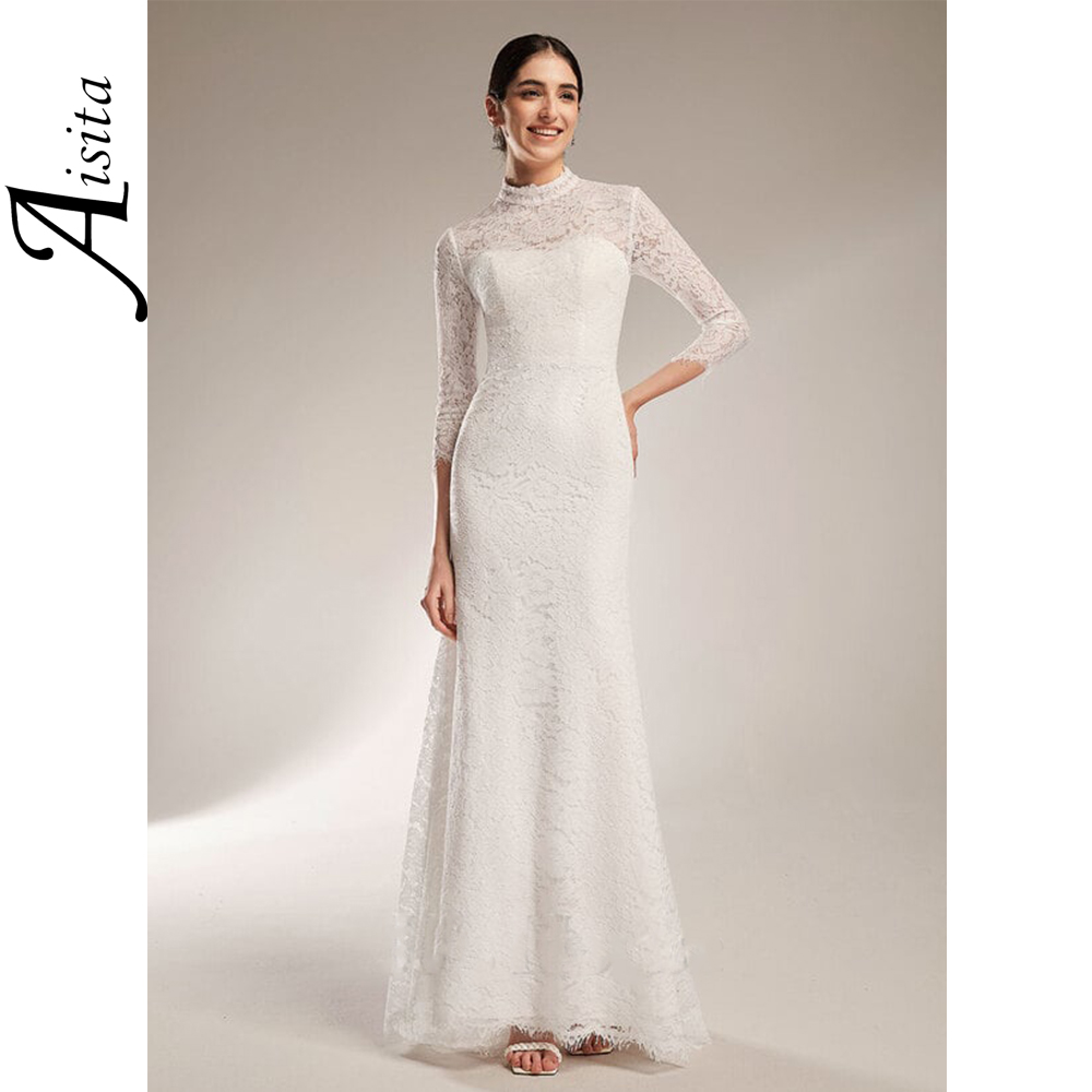 customized Wedding Dresses High Neck Lace Bride Dresses Long Sleeves Sweep Train Wedding Dresses For Woman Dresses Vestidos