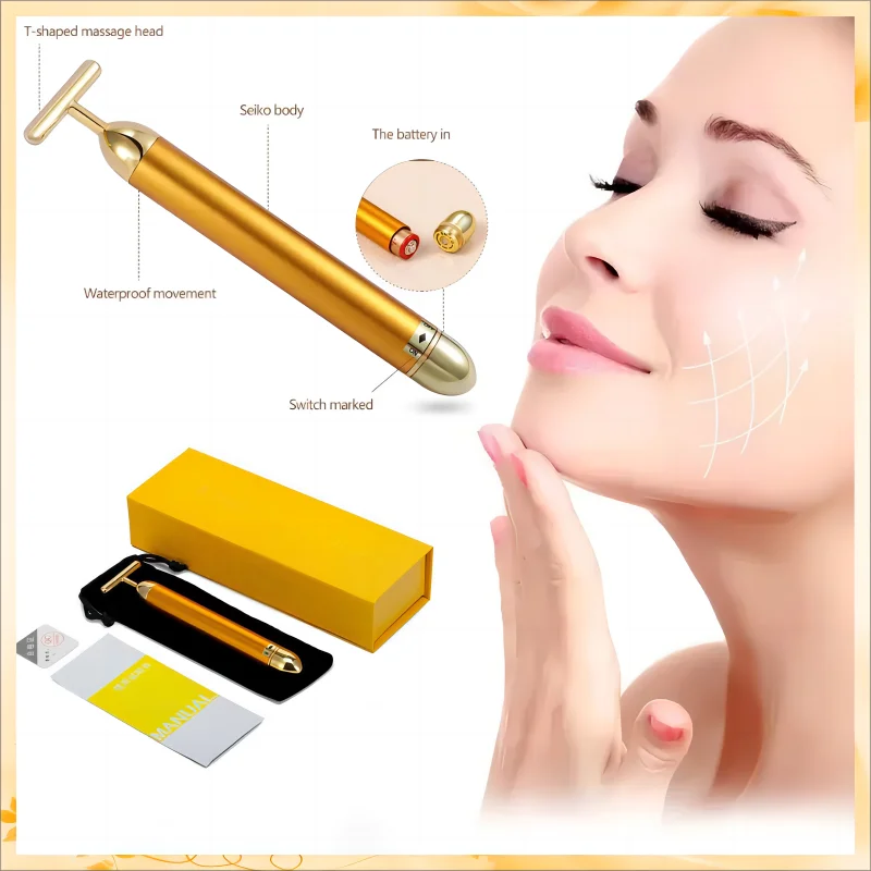 Portable Energy Electric Beauty Bar Waterproof 24K Gold Pulse Firming Massager Roller Facial Eye Pouch Remover Face Care Tool