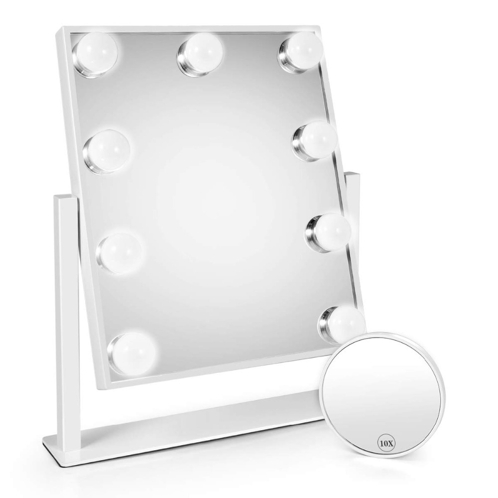 Vanity Makeup Mirror with Lights 9 Dimmable Bulbs for Dressing Bedroom 3 Color Lighting Modes with Detachable 15x Magnification