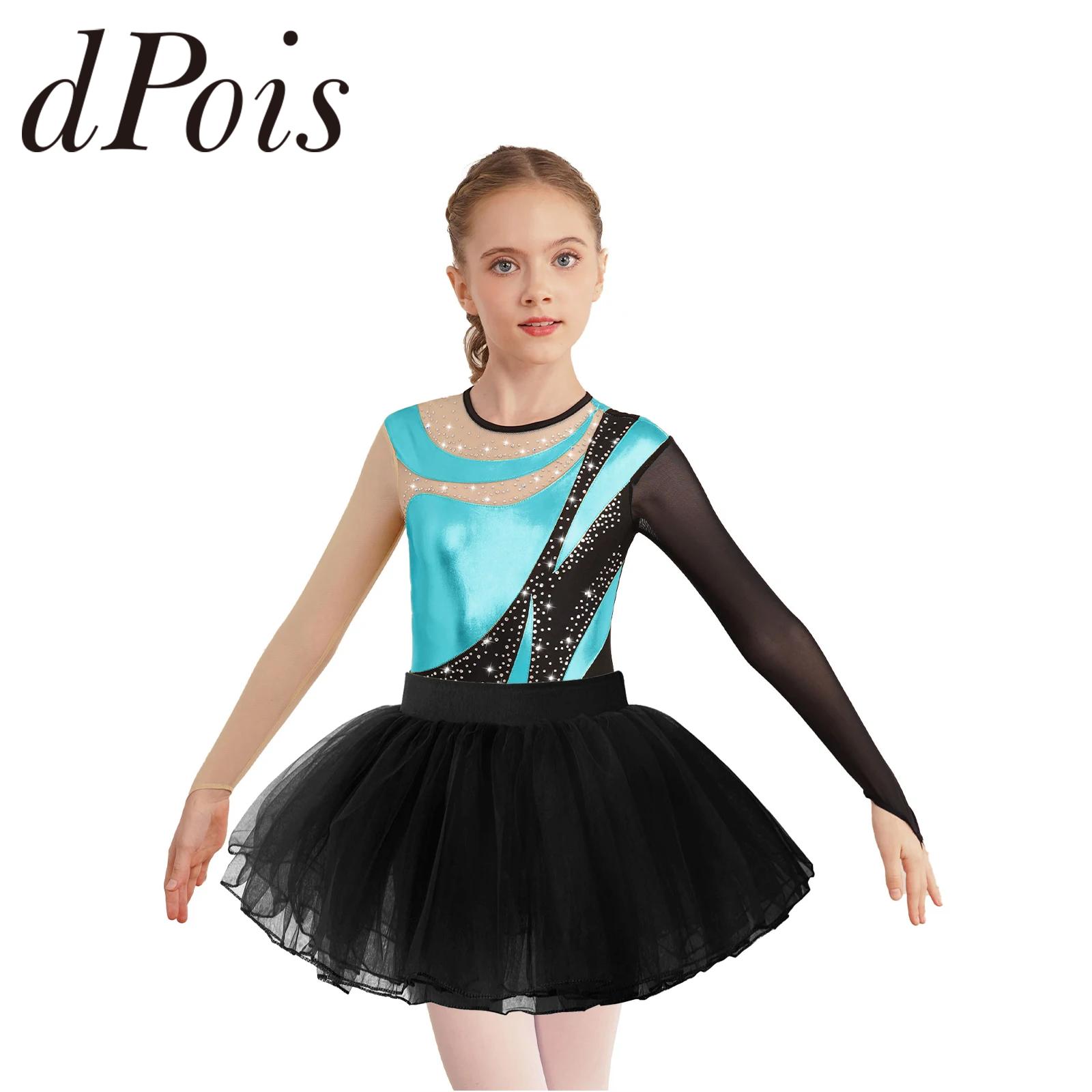 Kids Girls Skating Gymnastics Outfits Patchwork Long Sleeve Ballet Dance Leotard with Tutu Mesh Skirt Children's Dancewear Sets