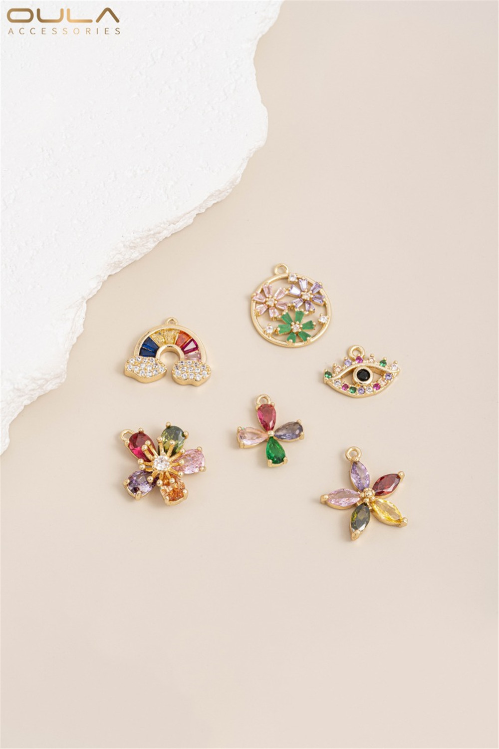 1pcs 14K Gold-plated and Colored Zircon Series Flower Rainbow Eye Pendant Diy Earrings Necklace Accessory Pendant