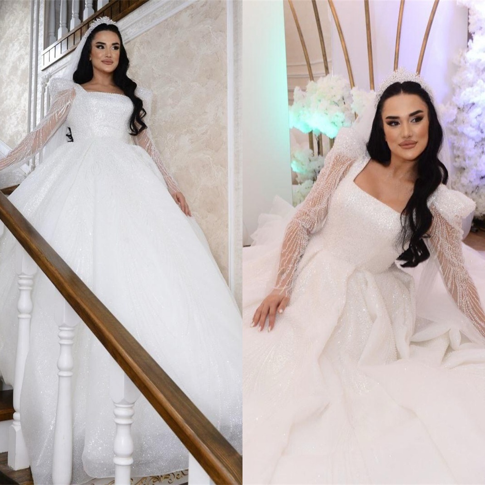 Customized Exquisite White Organza Wedding Dresses Simple Square Collar Long Sleeves Bridal Gowns Chapel Train Beading Dress