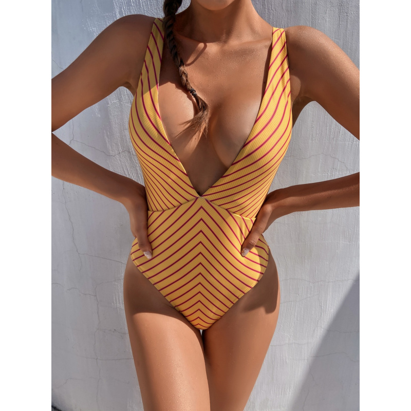 New One-Piece Swimsuit Striped Bikini Solid Color Swimsuit Tied Swimsuit WomenbikiniWholesale