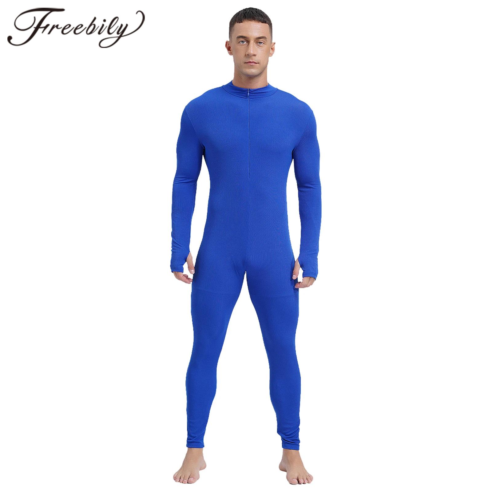 Men's Gymnastics Jumpsuit Long Sleeve Long Pants Front Zipper Rompers Solid Color Athletic Unitard for Workout Yoga Bodysuit