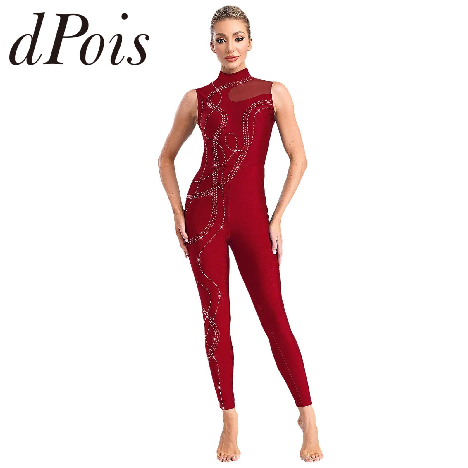 Women's Shiny Rhinestone Rhythmic Gymnastics Jumpsuit Ballet Dance Leotard Sleeveless Sheer Mesh Figure Skating Yoga Bodysuit
