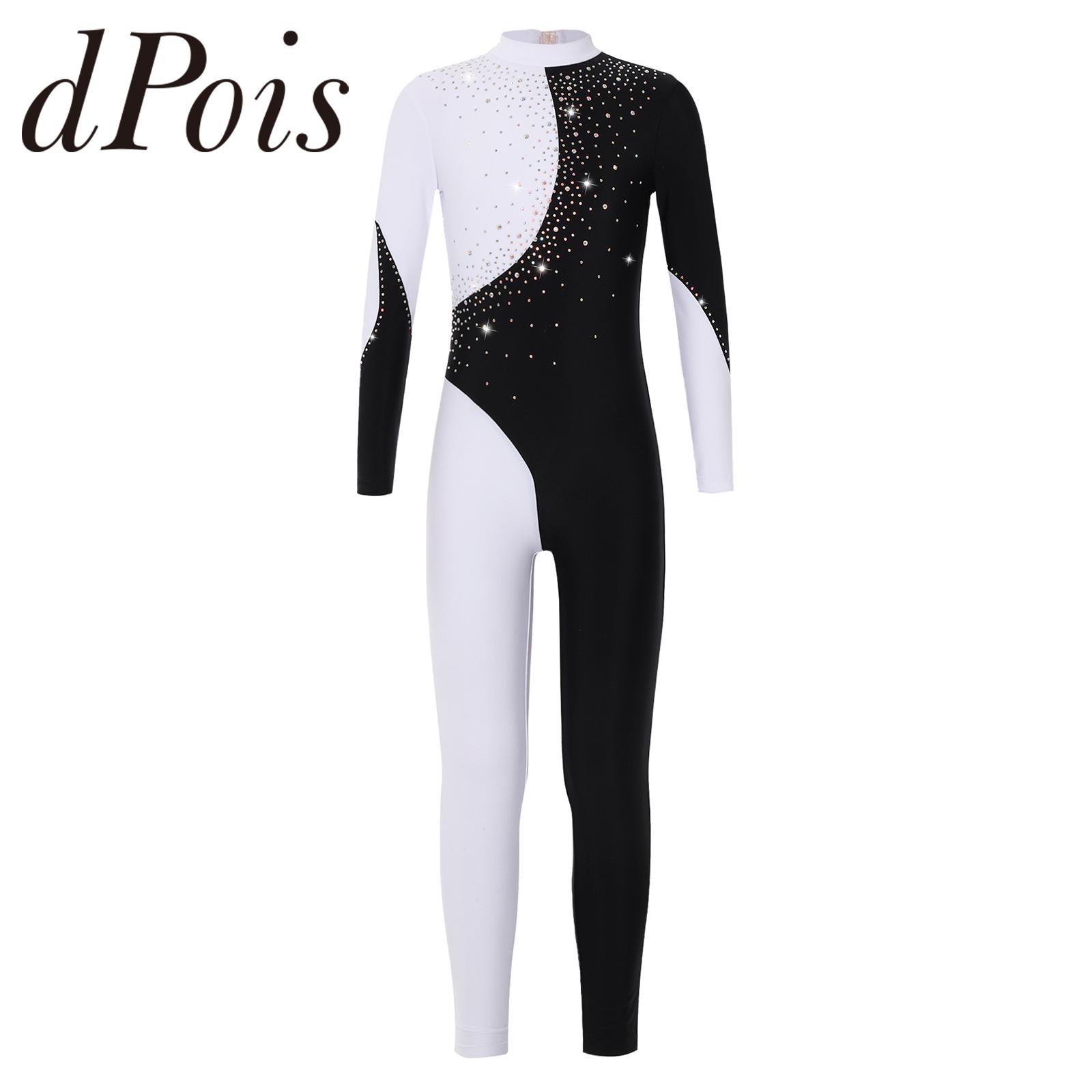 Teens Gymnastics Jumpsuit Kids Girls Long Sleeve Shiny Rhinestone Ice Skating Gymnastic Bodysuit for Girl Ballet Dance Leotards