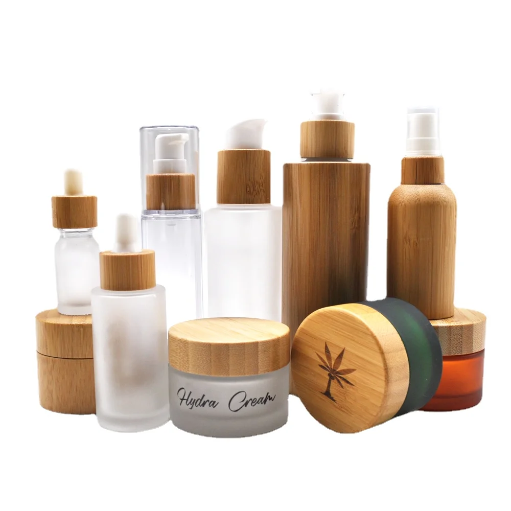 Wholesale Eco friendly bamboo cosmetic packaging set cosmetic Frosted Glass Jar Cosmetic Glass Cream Glass Jar with Bamboo Lid