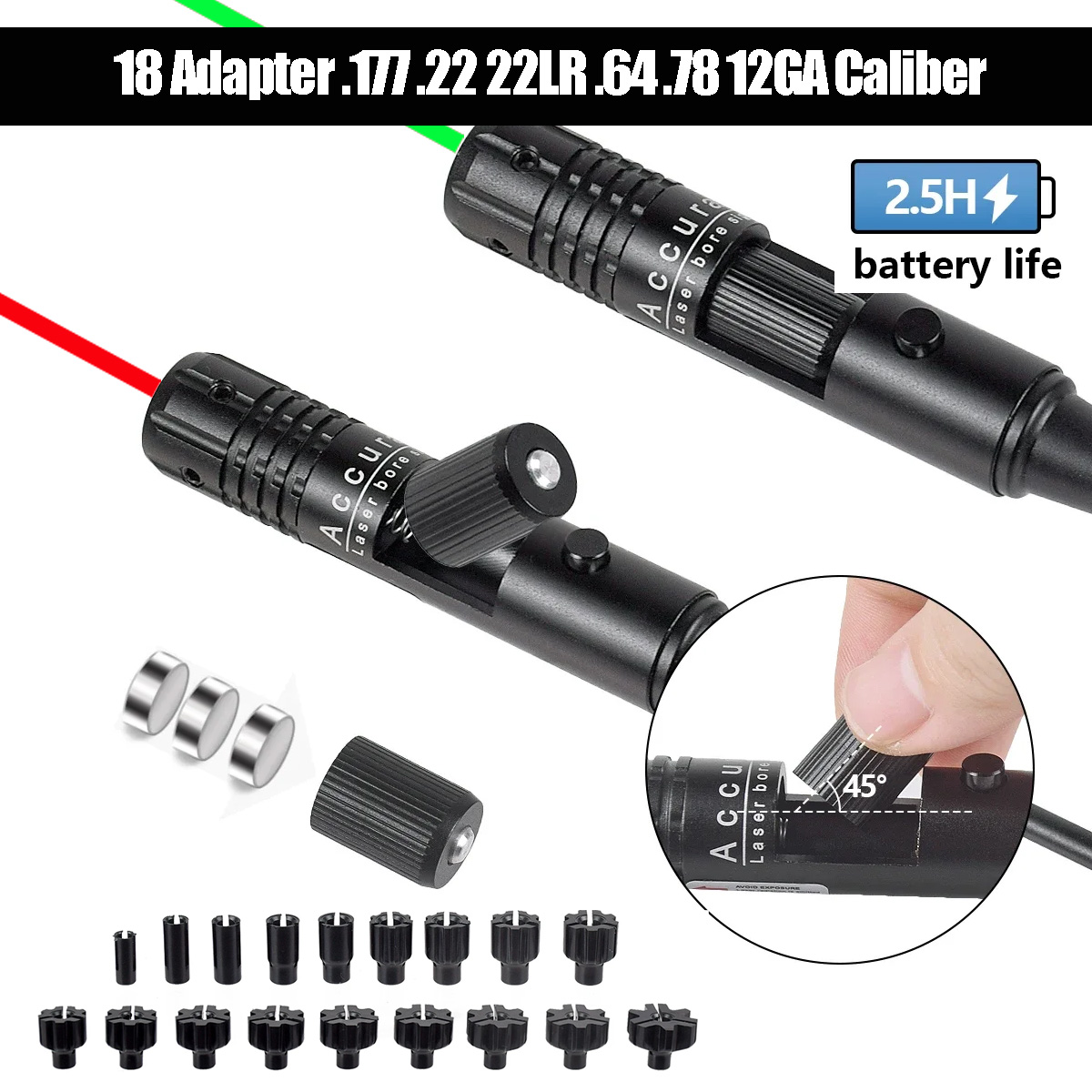 18 Adapter .177 .22 22LR .64 .78 12GA Caliber Green Red Laser Bore Sight Kit Boresighter Collimator For Pistol Rifle Shotgun