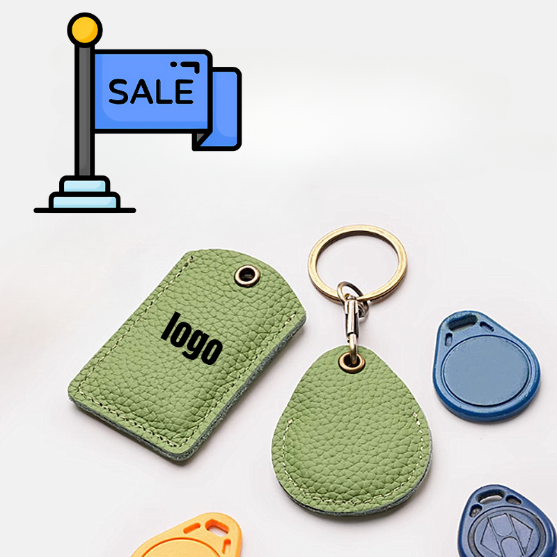 Leather Water Droplet Shaped Access Control Card Sleeve Customized LOGO Keychain Blank Laser Engrave Small Rectangular Keyring