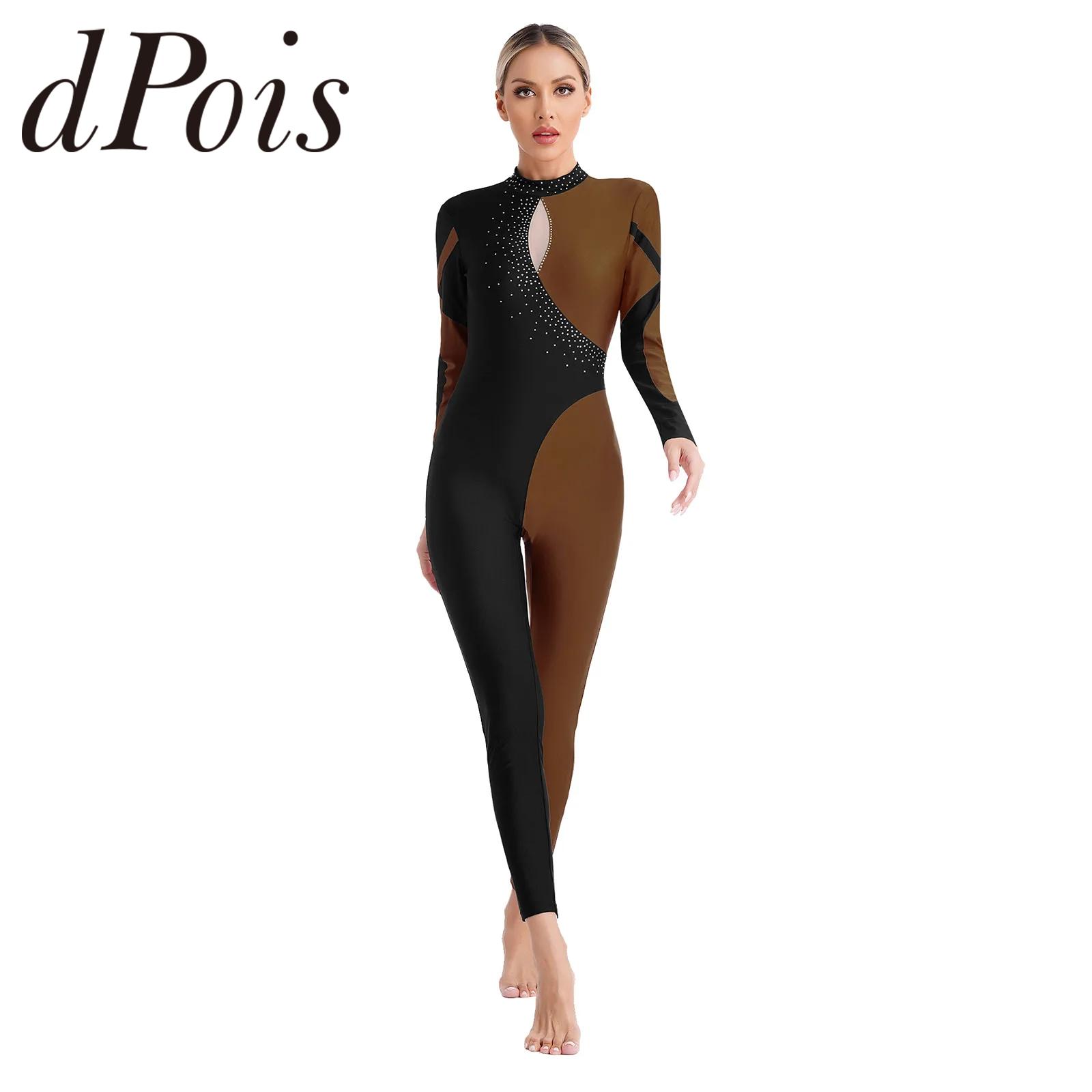 Women Long Sleeve Rhythmic Gymnastics Bodysuit Ballet Dance Leotard Figure Skating Jumpsuit Contrast Color Adults Dance Costume