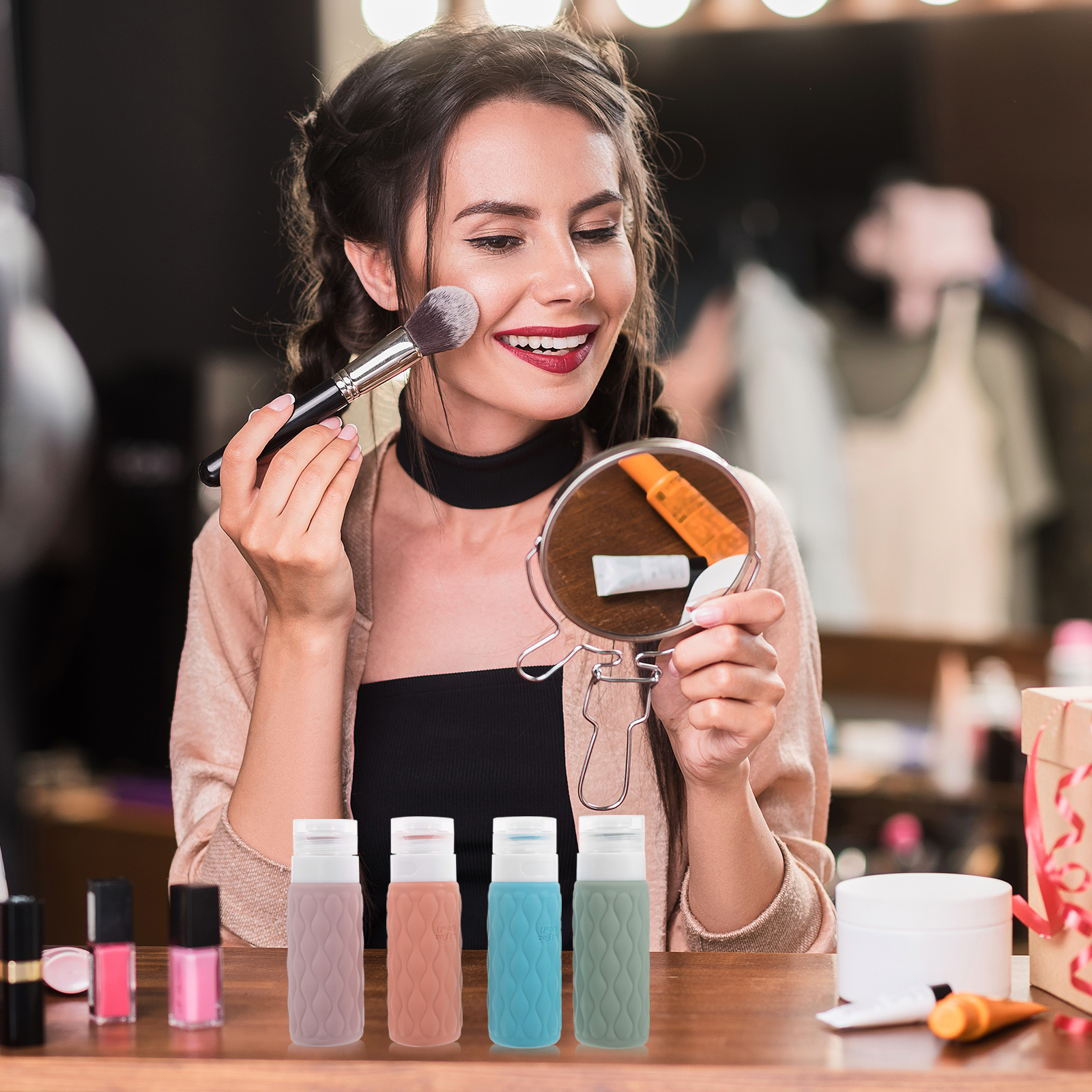 4pcs 100ml Travel Silicone Bottles Squeezable Empty Bottles Navy Blue Green Pink Purple Storage Bag Toiletries Lotion Shampoo