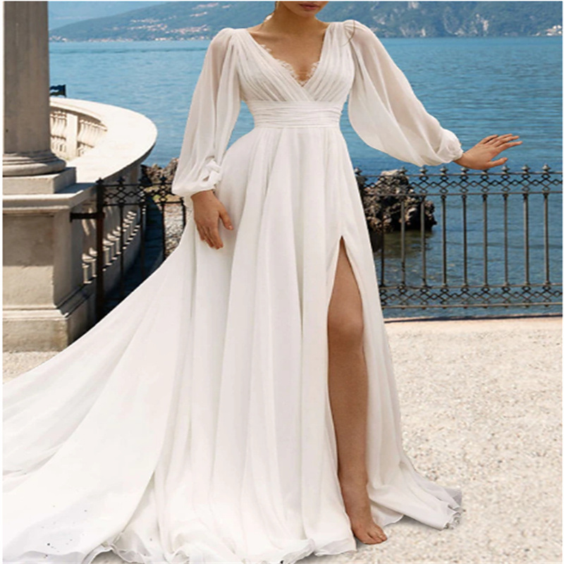 Beach Sexy Simple Wedding Dress A-Line V Neck Long Sleeve Court Train Chiffon Bridal Gowns With Pleats Split Front 2025  New