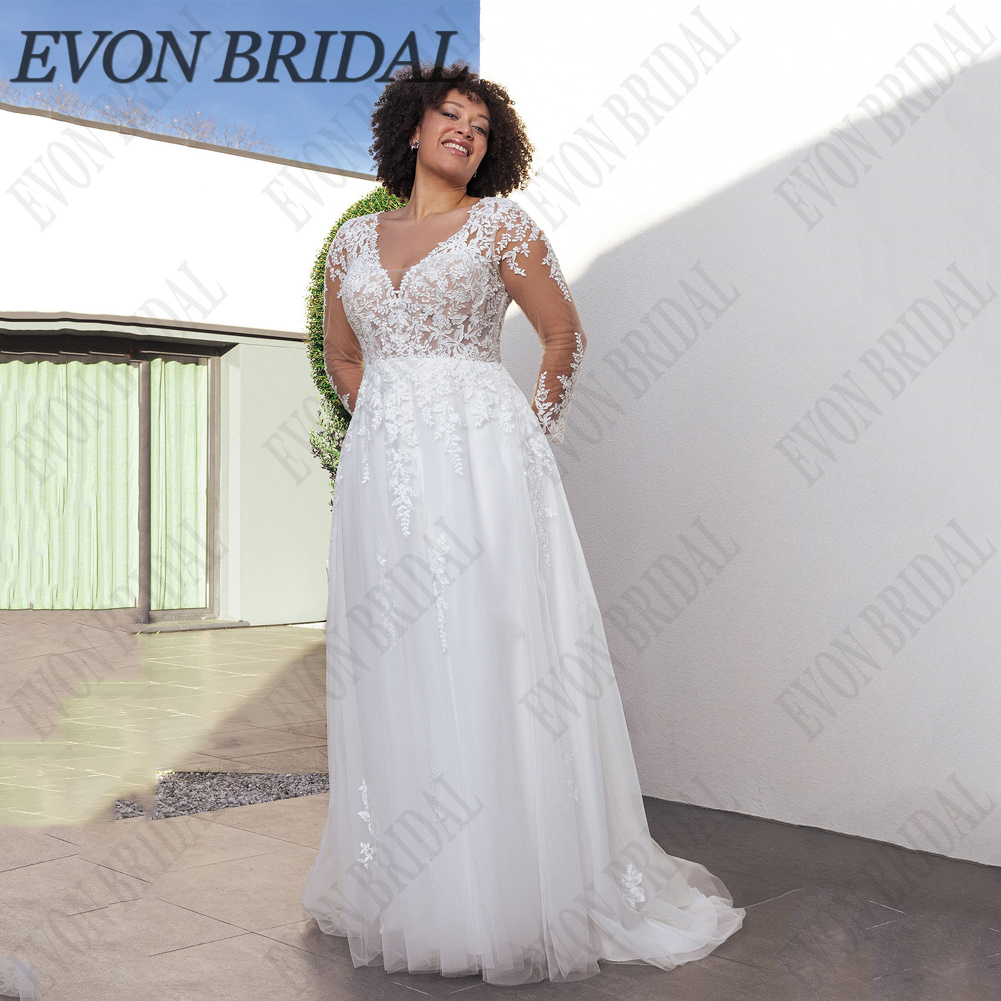 EVON BRIDAL Plus Size A-Line Wedding Dress Full Sleeve V-Neck Vestidos De Novia Elegant Bride Gown Applique Lace UpCustom Made