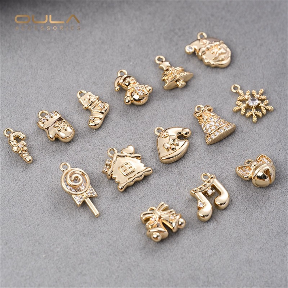 1pcs 14K Gold-plated Color-preserving Christmas Series Bells, Snowman Gloves, Hats, Lollipops, Pendants, Diy Accessories