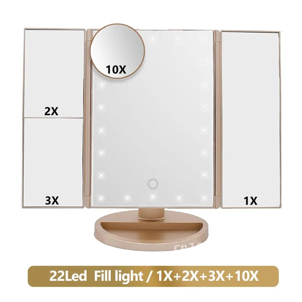 Foldable Makeup Mirror Touch LED Light 3 Folding 1X 2X Vanity LED Rotatable Mirrors Mirror 3X With With Dimmable Switch Desktop