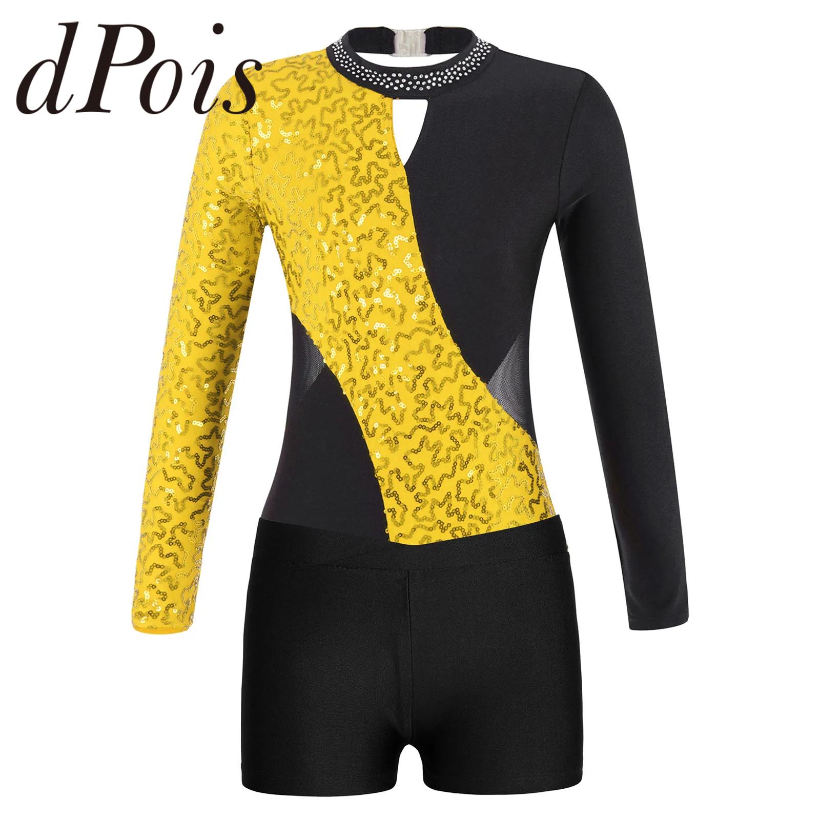 Children Gymnastics Leotards for Girls Long Sleeve Shiny Sequins Patchwork Ballet Dance Outfit Skating Bodysuit with Shorts