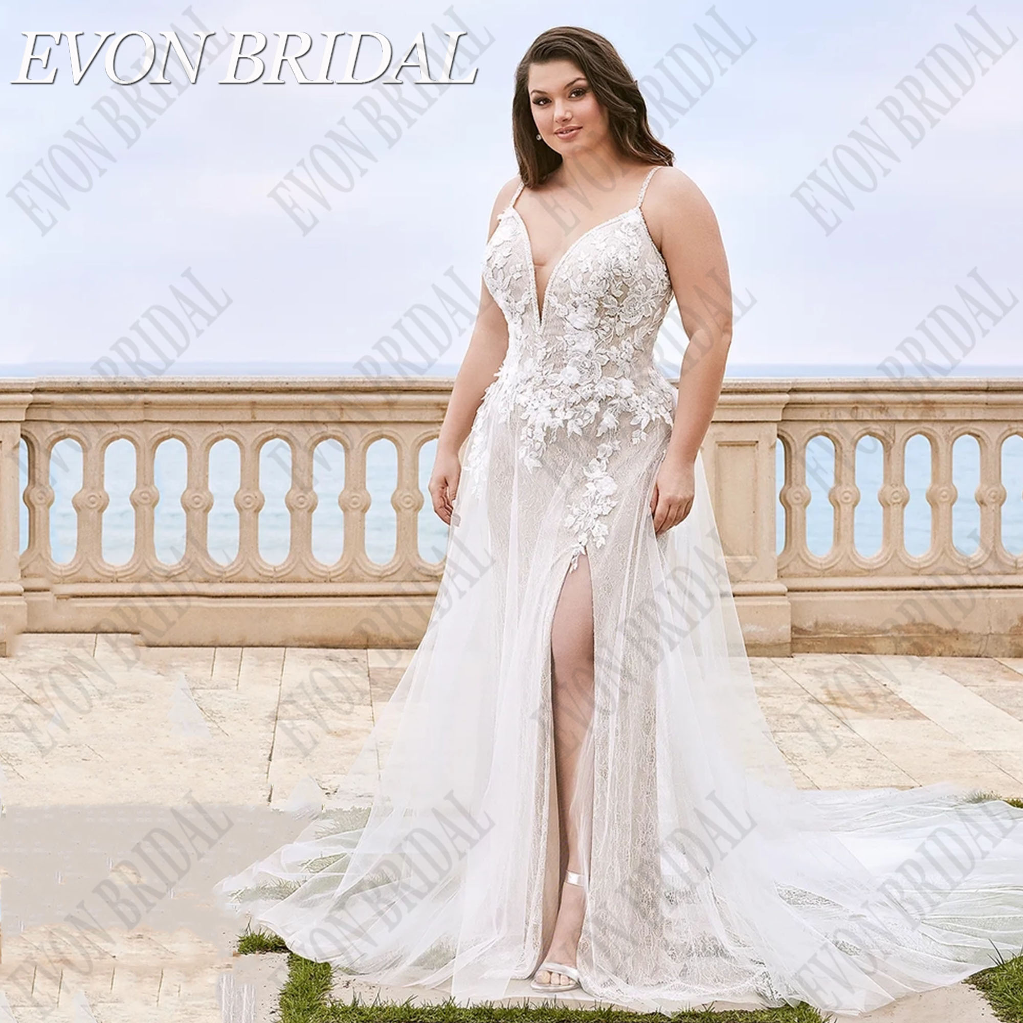 EVON BRIDAL Backless Tulle See-Through Split Design Plus Size Wedding Dresses Lace Applique Vestidos De Novia Long Bride Gowns
