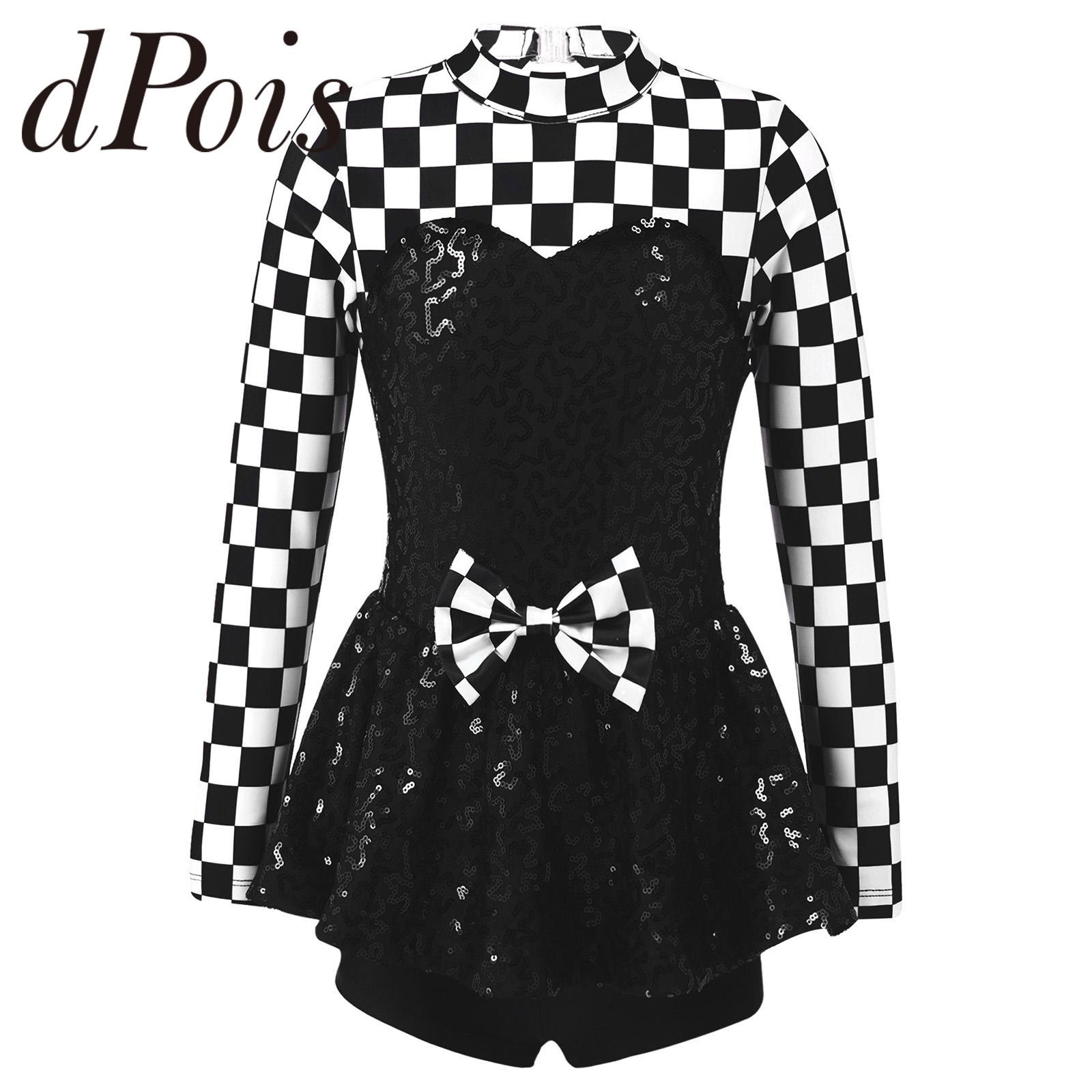 Kids Girls Long Sleeve Sequins Ballet Dance Unitard Checkerboard Gymnastics Leotard Jumpsuit for Halloween Cosplay Racer Costume