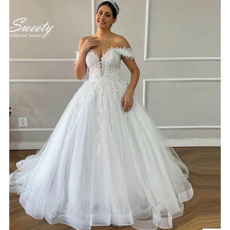 Sweetheart Boat Neck Wedding Dress Elegant Organza With Embroidery Beading Ball Gown Sleeveless Bridal Lace Up Vestido De Novia