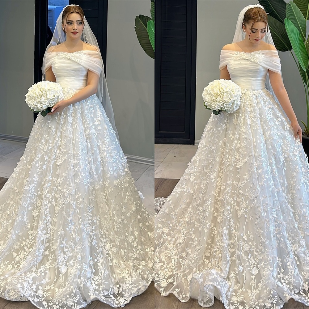 Customized Elegant White Organza Wedding Dress Boat Neck Off the Shoulder Short Sleeves Chapel Train Appliques Bridal Gowns
