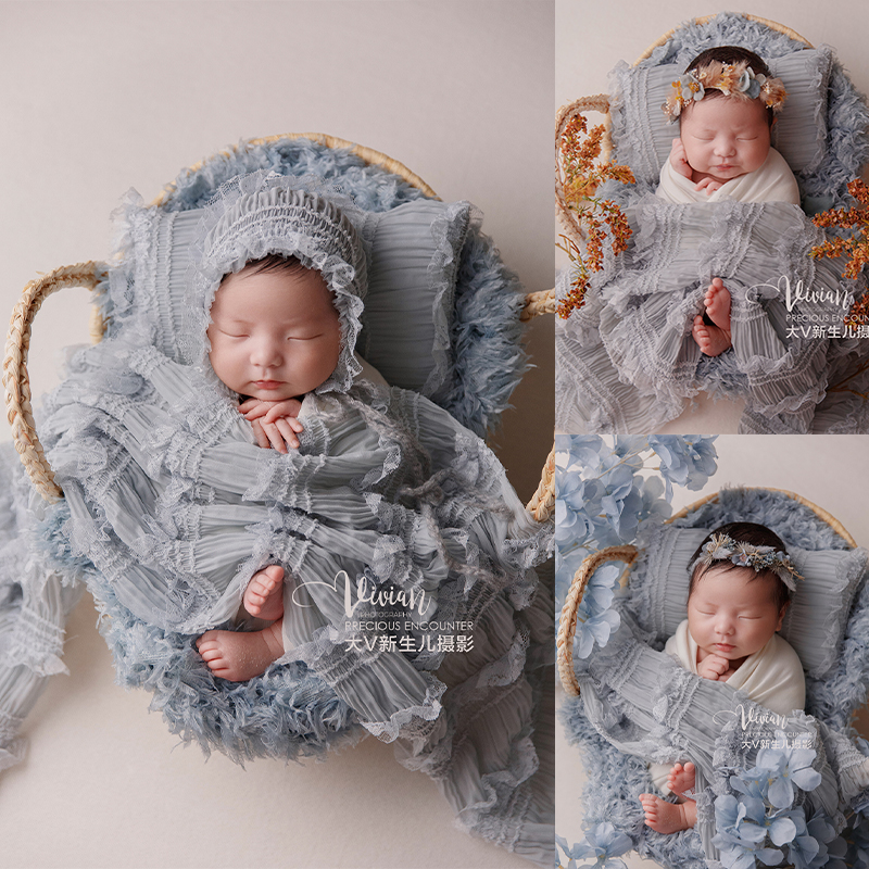 Newborn Photography Props Autumn Winter Baby Stretch Swaddle + Headpiece + Lace Three-Piece Set Photography Pose Basket Props