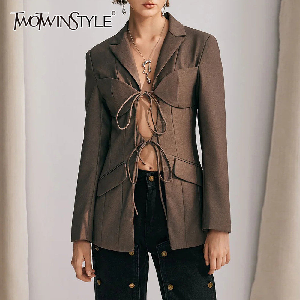 TWOTWINSTYLE Solid Hollow Out Spliced Lace Up Blazer For Women Notched Collar Long Sleeve Patchwork Pocket Chic Blazers Female