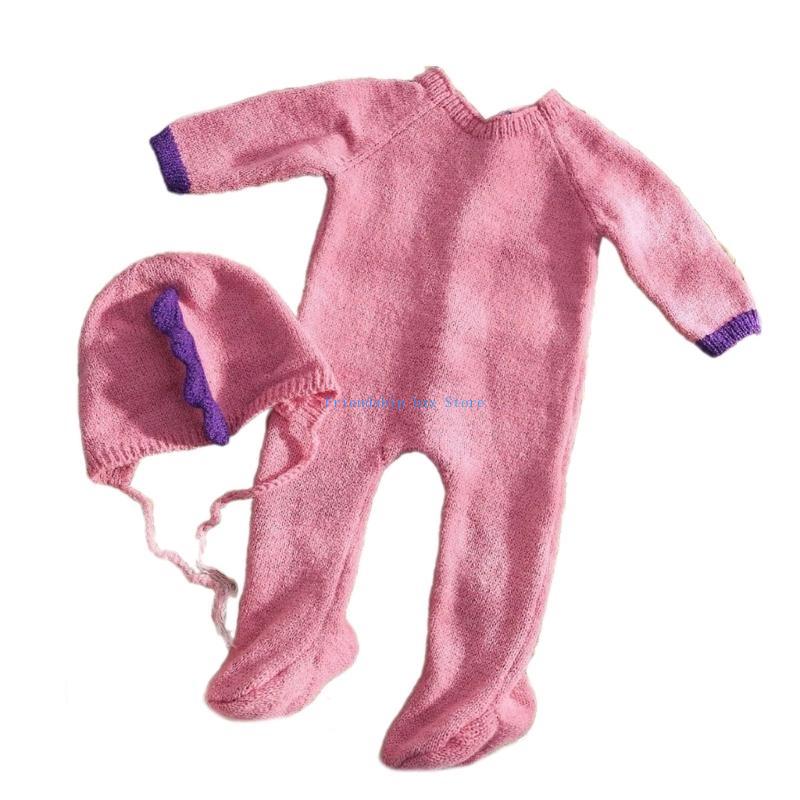 F1CB 2Pcs Adorable Knit Dinosaur Romper with Hat Newborns Photography Outfit Set Photoshoots Props for 0-1 Month Baby