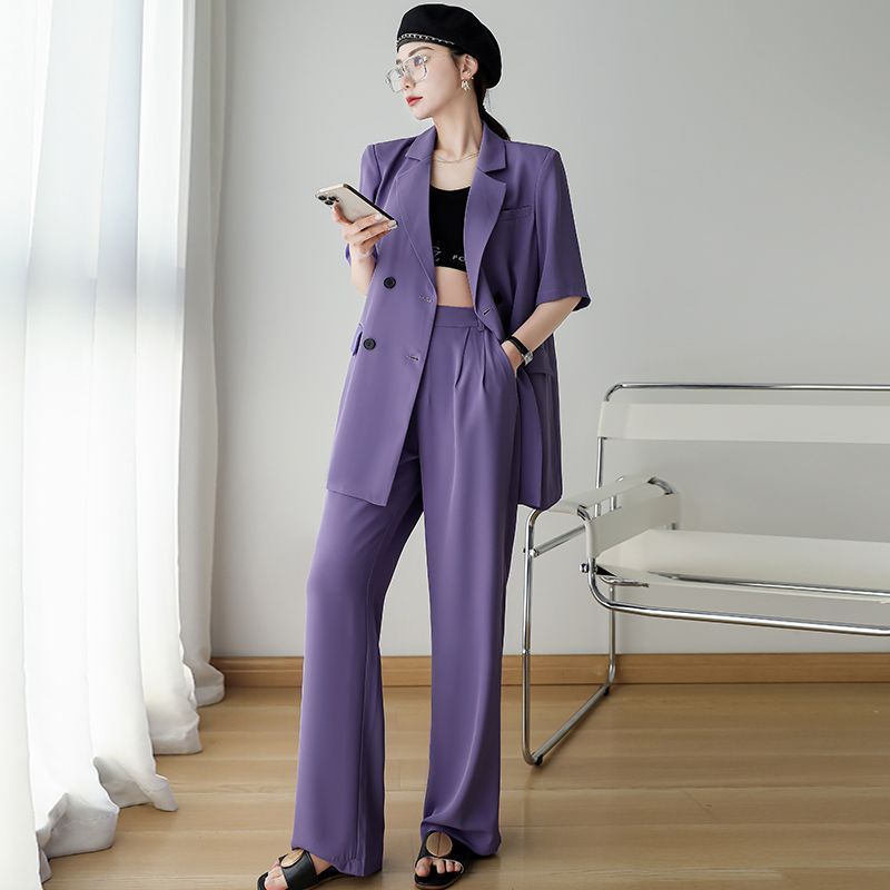Women's Summer New Loose Thin Short-sleeved Suit Coat+Pants Matching Set Korean Elegant Casual Blazers Jacket Trousers Two Piece