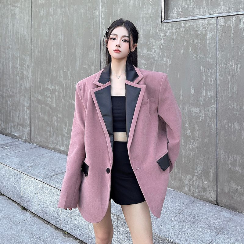 Women's Spring Autumn Suit Jacket Blouse Shoulder Pad Splicing Retro Grinding Hair Button Loose Warm Warm Fashion Design Simple
