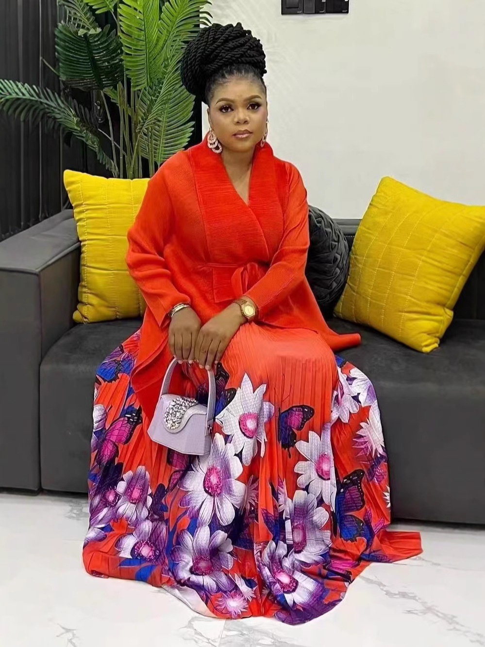 Top Quality ISSEYS MIYAKES Pleated Women's Fashion Printed Long Sleeve Suit Dresses