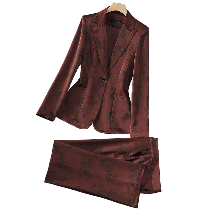 Leaf Print Blazer Pantsuits Set for Women Office Ladies Business Single Buttons Formal Spring Autumn Trousers Suit