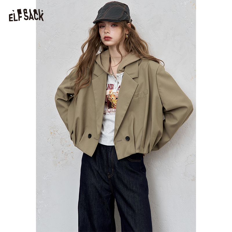 ELFSACK 2025 Autumn New Arrival Elegant Pleated Solid Color Blazer Women Short Cropped Structured Blazer For Woman
